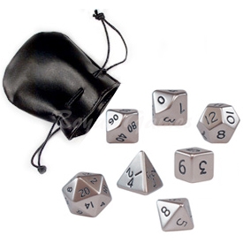 Set of 7 standard metal poly dice Brushed Steel packed in a faux leather pouch 