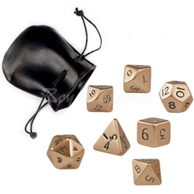 Set of 7 standard metal poly dice Gold packed in a faux leather pouch 